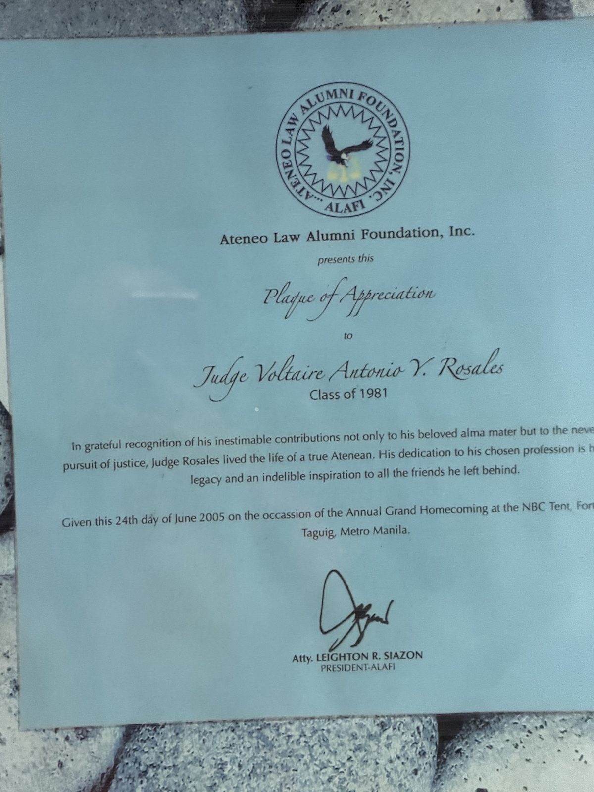 Plaque of Appreciation from the Ateneo Law Alumni Foundation, June 2005