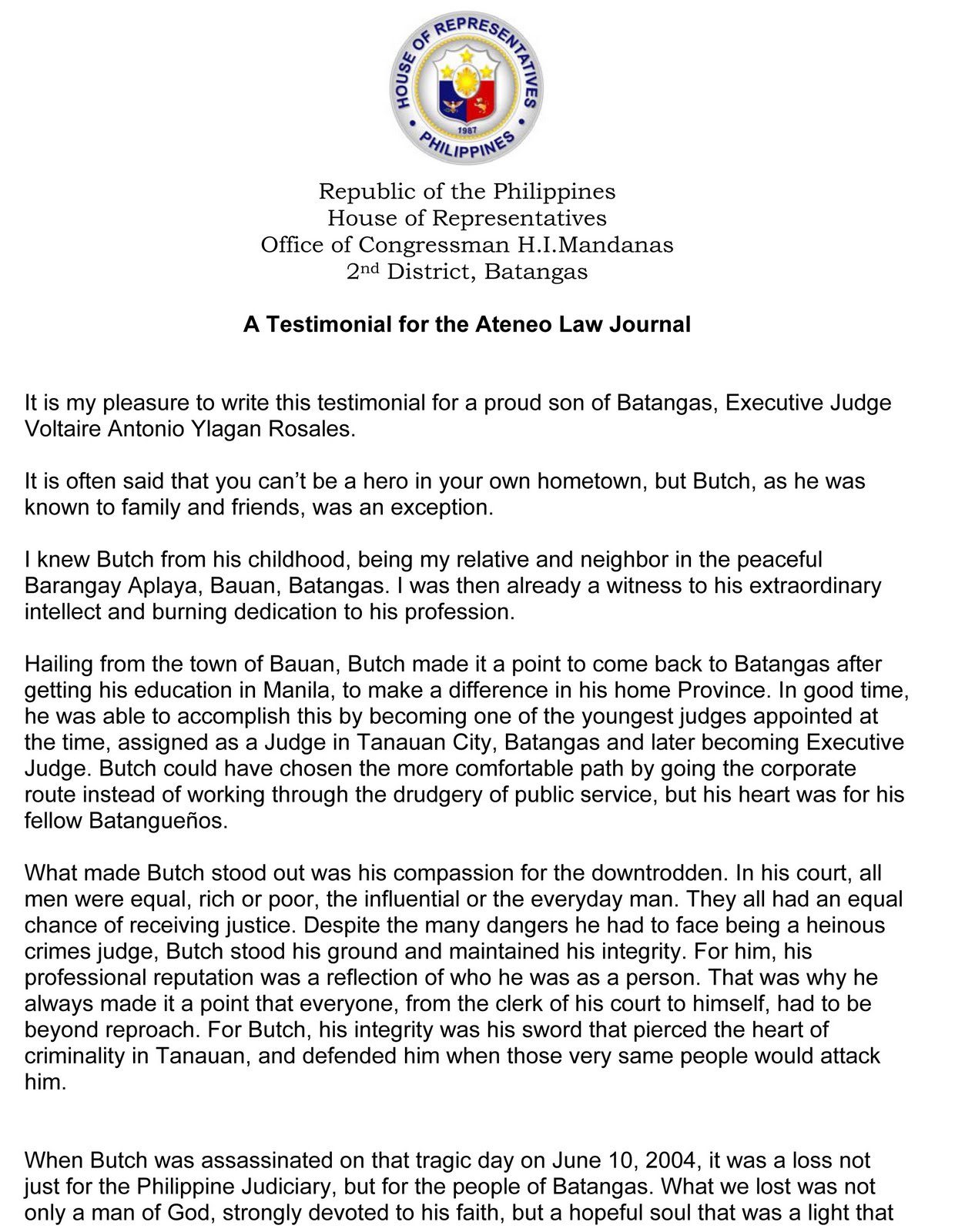 First page of Hermilando I. Mandanas's testimonial for the Ateneo Law Journal