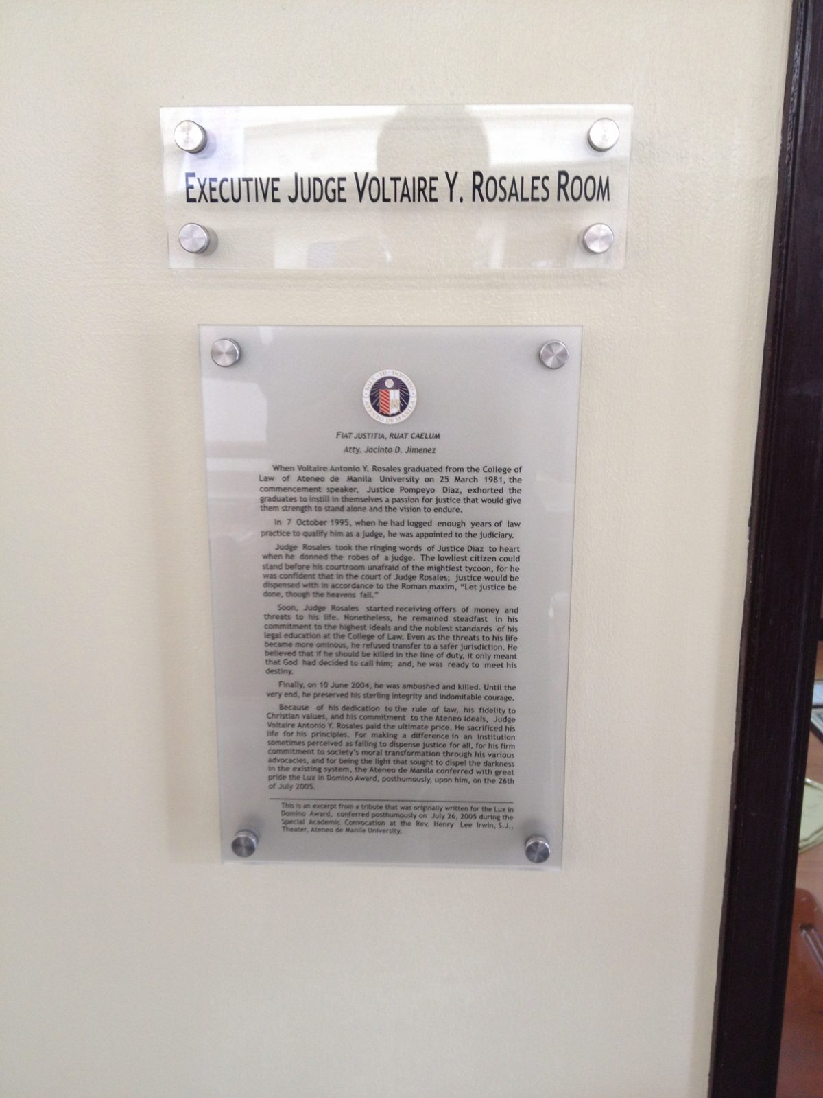 The name plate and tribute plaque at the door of the Rosales Room
